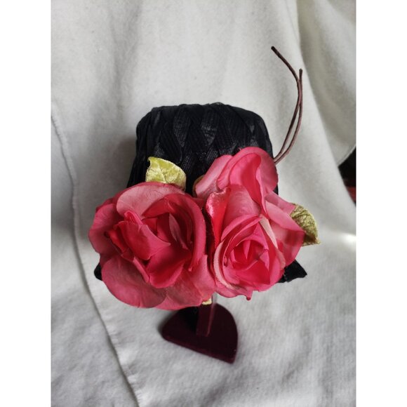 Black Vintage Cloche Hat with Large Pink Roses Woven Raffia - Picture 6 of 10
